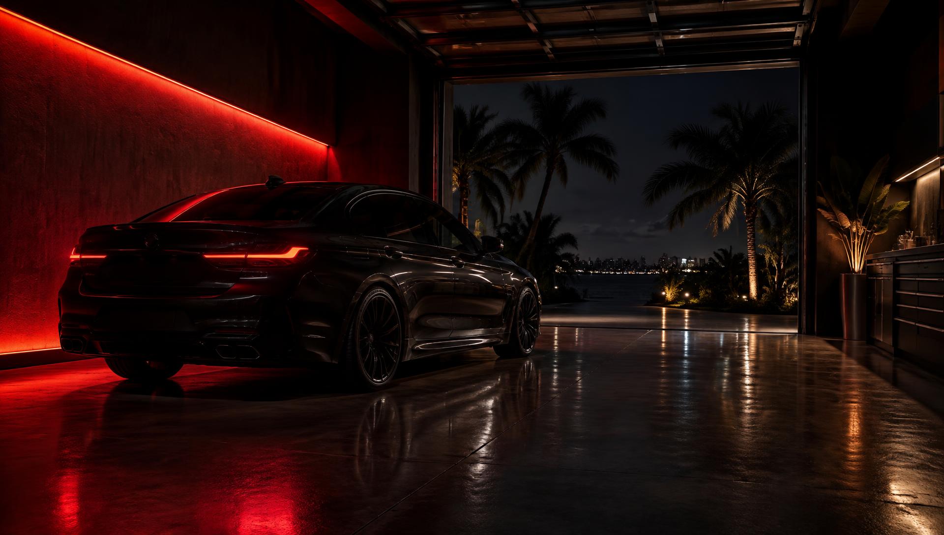 Carro preto em garagem com luz vermelha